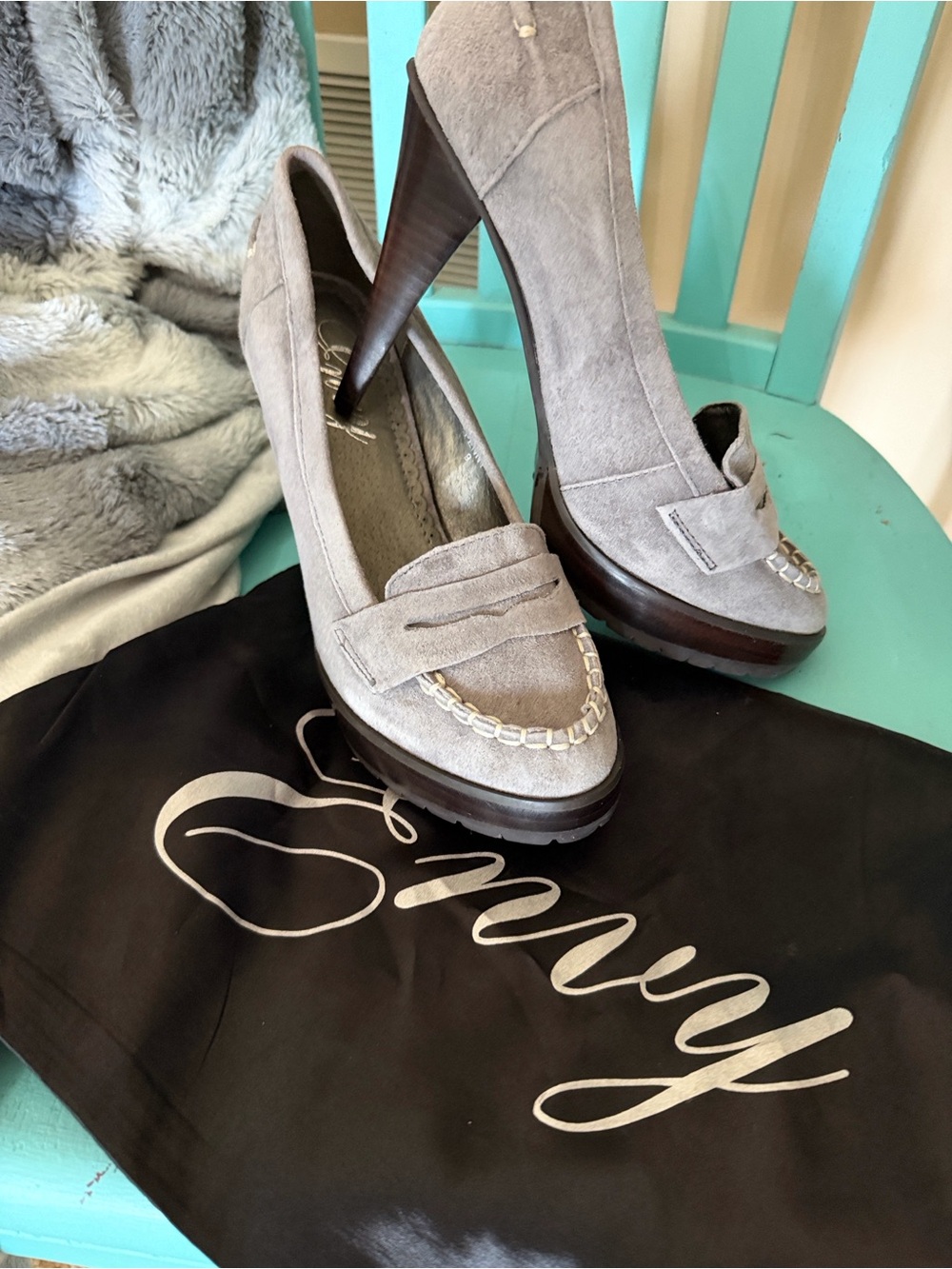 envy Taupe Suede Platform Loafer Pumps with Chain Accent